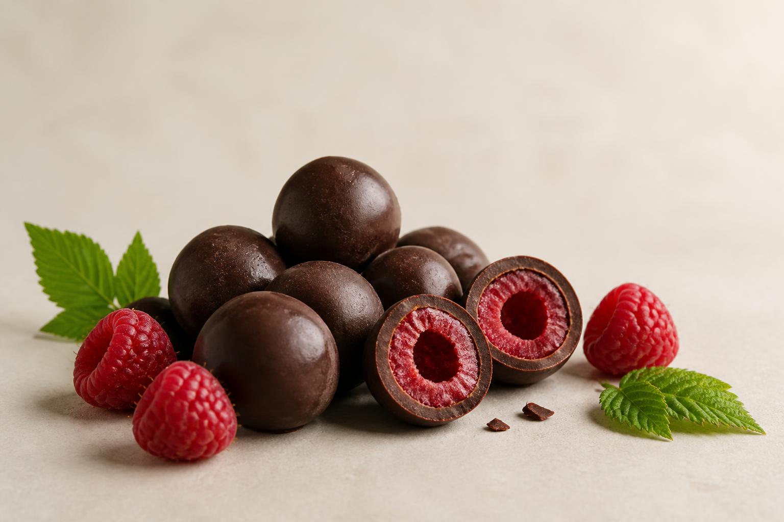 Chocolate-covered frozen raspberry bites